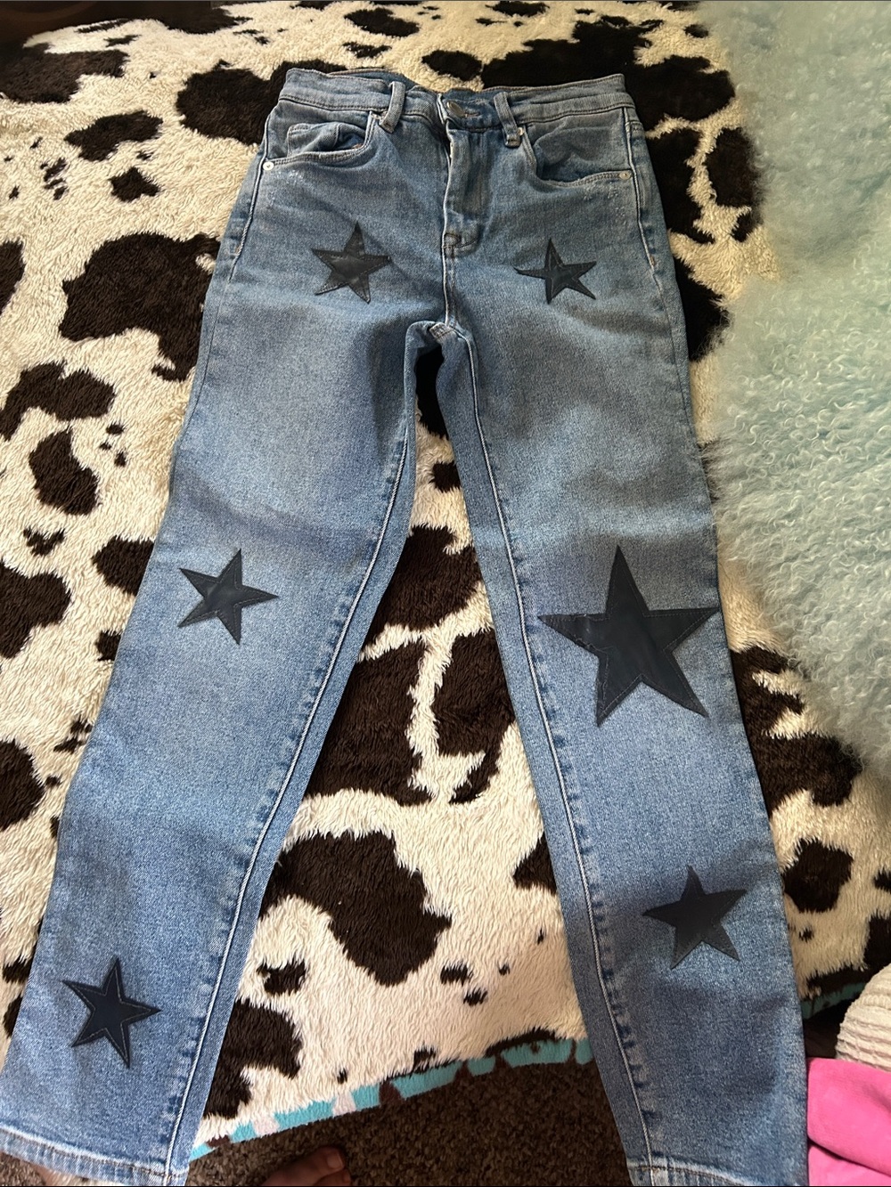 Blank NYC Light Blue Straight-Leg Jeans with Black Star Prints